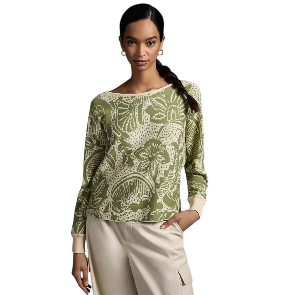 Daily Practice Anthropologie Floral Pullover Sweater Size M Green Cream New